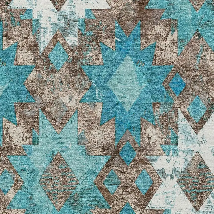 Teal Blue Brown And Ivory Aztec Washable Indoor Outdoor Area Rug Photo 3