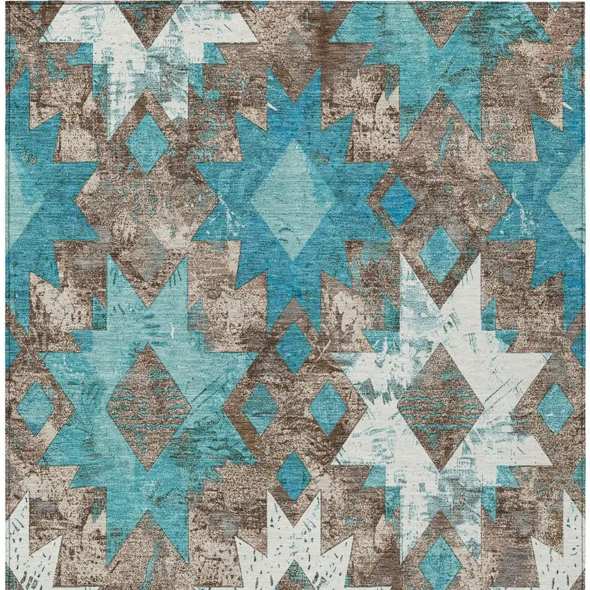 Teal Blue Brown And Ivory Aztec Washable Indoor Outdoor Area Rug Photo 9