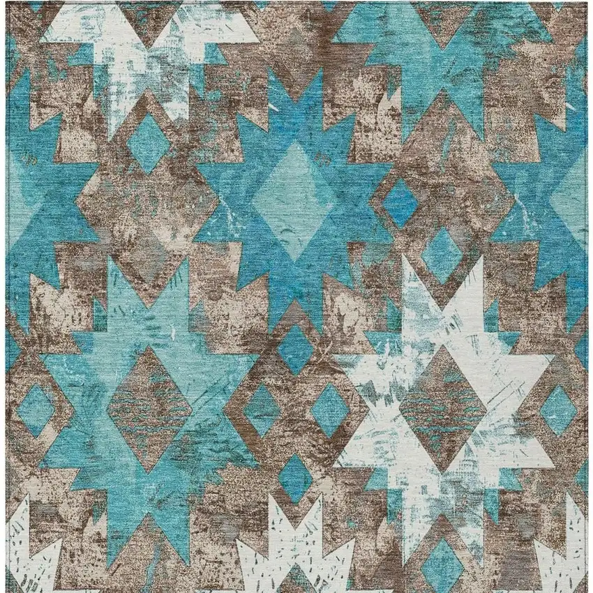 Teal Blue Brown And Ivory Aztec Washable Indoor Outdoor Area Rug Photo 4