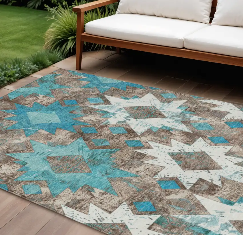 Teal Blue Brown And Ivory Aztec Washable Indoor Outdoor Area Rug Photo 2