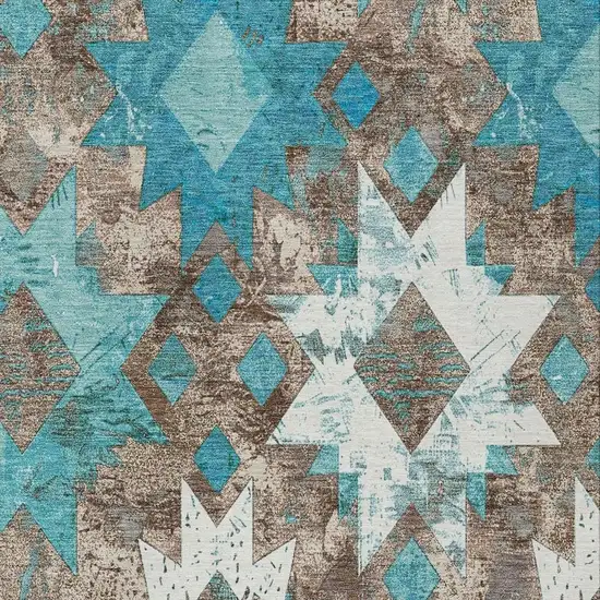 Teal Blue Brown And Ivory Aztec Washable Indoor Outdoor Area Rug Photo 3