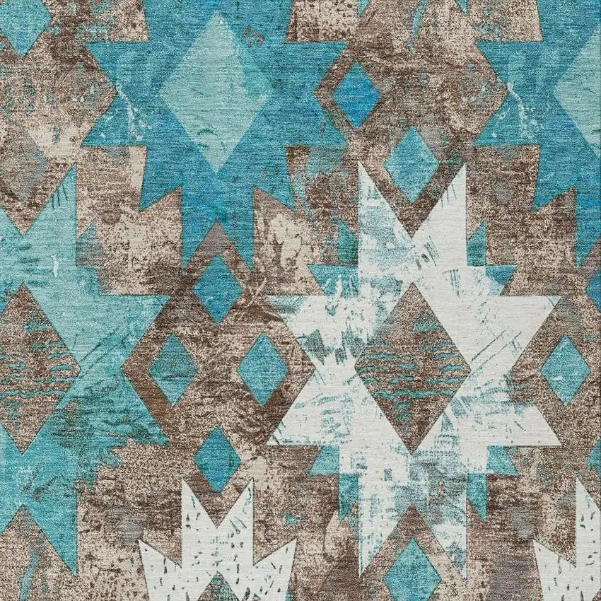 Teal Blue Brown And Ivory Aztec Washable Indoor Outdoor Area Rug Photo 3