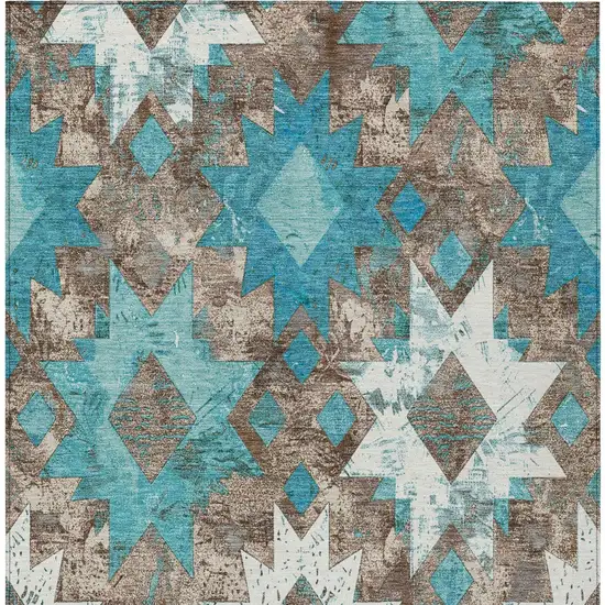 Teal Blue Brown And Ivory Aztec Washable Indoor Outdoor Area Rug Photo 9