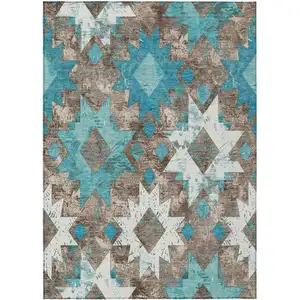 Photo of Teal Blue Brown And Ivory Aztec Washable Indoor Outdoor Area Rug