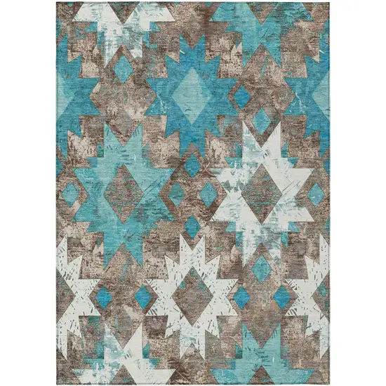 Teal Blue Brown And Ivory Aztec Washable Indoor Outdoor Area Rug Photo 1