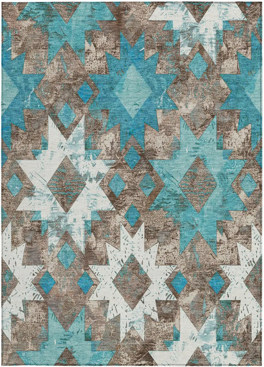Teal Blue Brown And Ivory Aztec Washable Indoor Outdoor Area Rug Photo 4