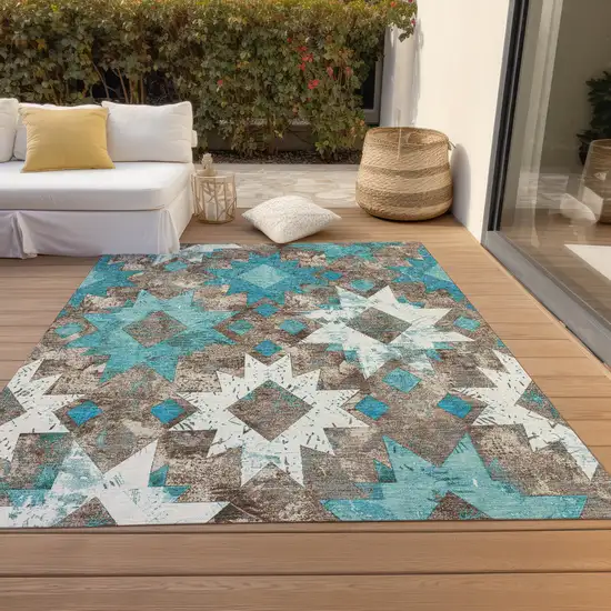Teal Blue Brown And Ivory Aztec Washable Indoor Outdoor Area Rug Photo 8
