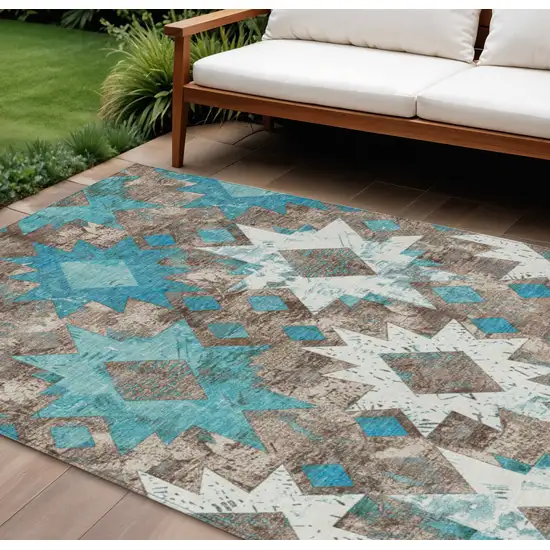 Teal Blue Brown And Ivory Aztec Washable Indoor Outdoor Area Rug Photo 2