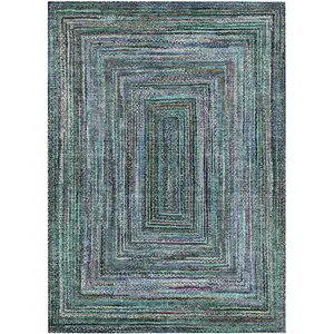 Photo of Teal Blue Brown And Ivory Geometric Washable Indoor Outdoor Area Rug