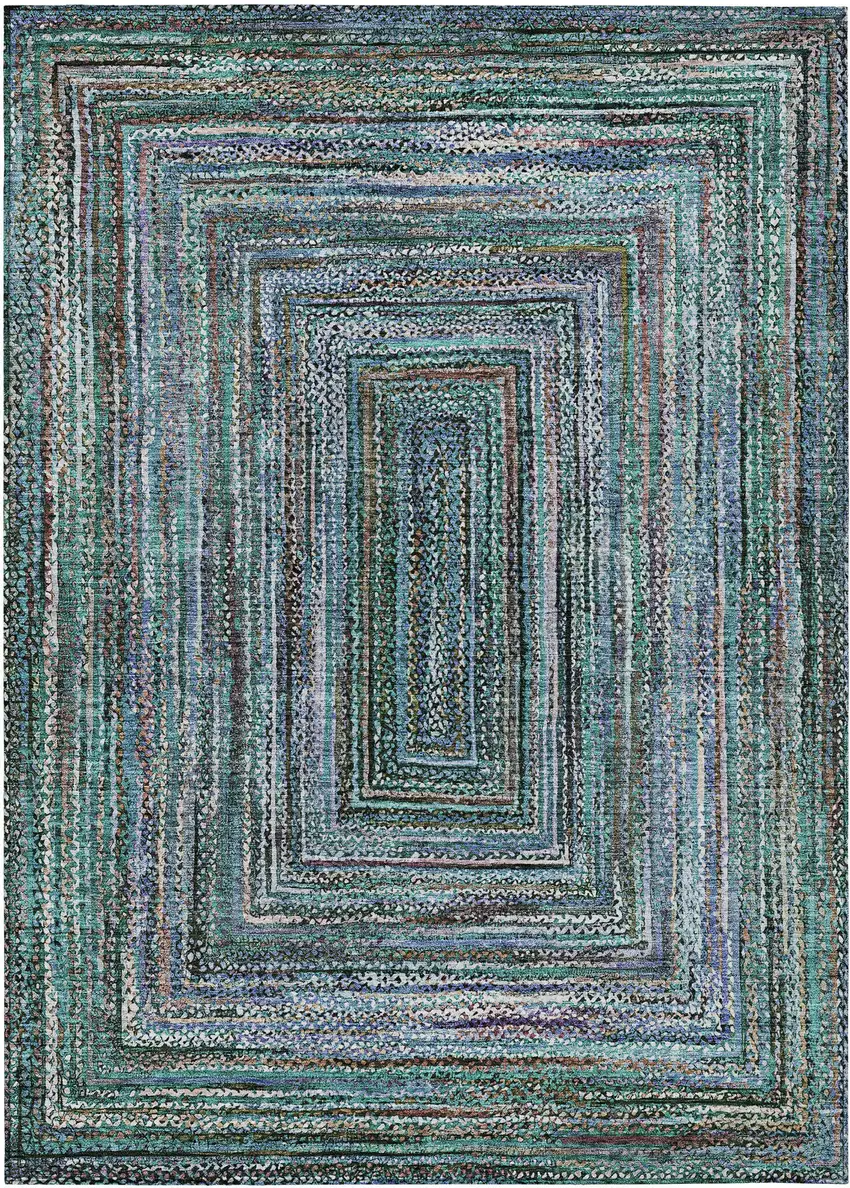 Teal Blue Brown And Ivory Geometric Washable Indoor Outdoor Area Rug Photo 1