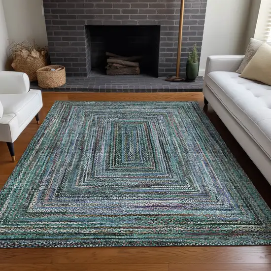 Teal Blue Brown And Ivory Geometric Washable Indoor Outdoor Area Rug Photo 9