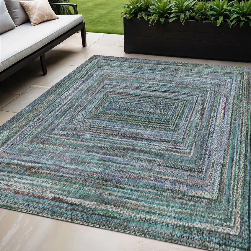 Teal Blue Brown And Ivory Geometric Washable Indoor Outdoor Area Rug Photo 2