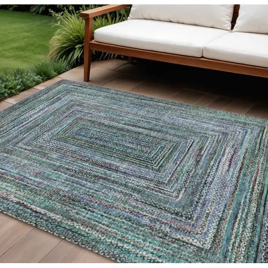 Teal Blue Brown And Ivory Geometric Washable Indoor Outdoor Area Rug Photo 2