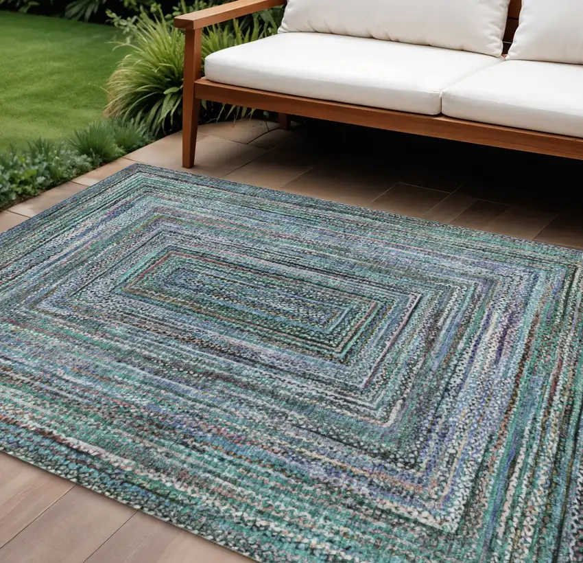 Teal Blue Brown And Ivory Geometric Washable Indoor Outdoor Area Rug Photo 2