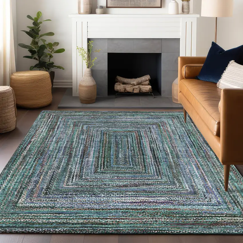 Teal Blue Brown And Ivory Geometric Washable Indoor Outdoor Area Rug Photo 7