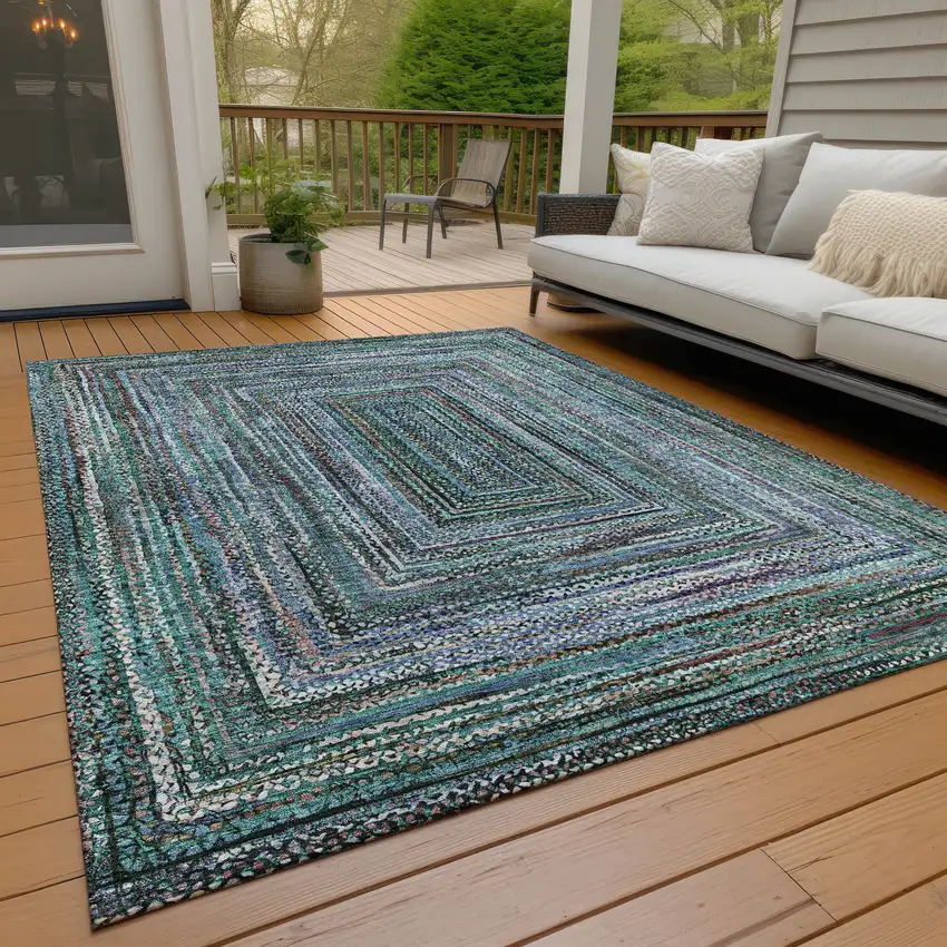 Teal Blue Brown And Ivory Geometric Washable Indoor Outdoor Area Rug Photo 9