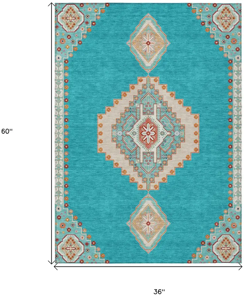 Teal Blue Brown And Ivory Oriental Washable Indoor Outdoor Area Rug Photo 3