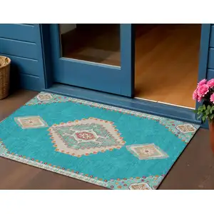 Photo of Teal Blue Brown And Ivory Oriental Washable Indoor Outdoor Area Rug