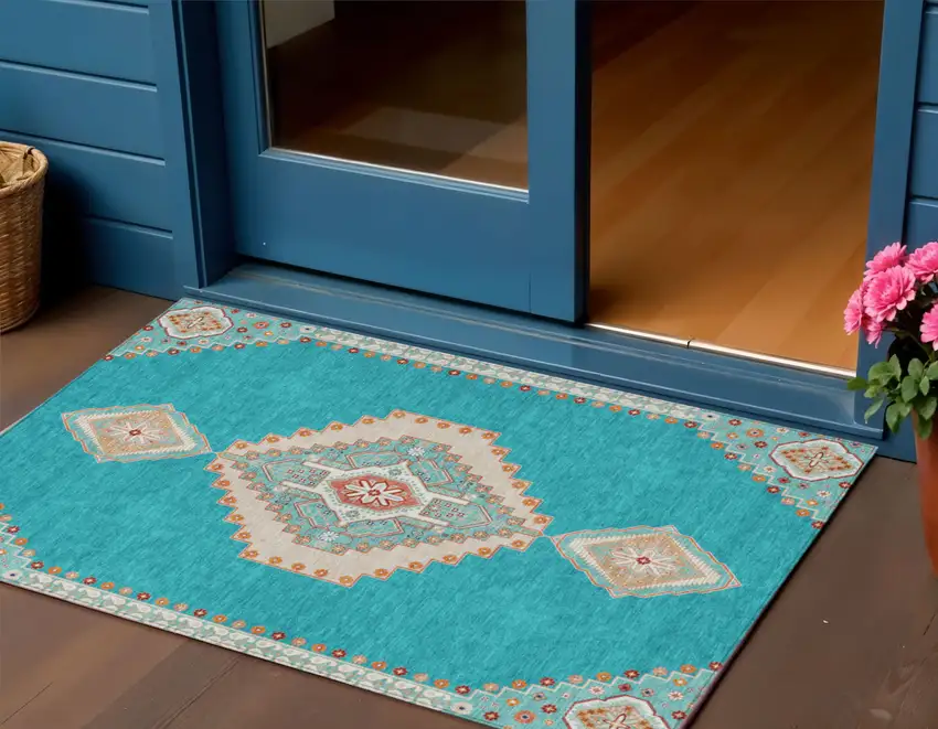 Teal Blue Brown And Ivory Oriental Washable Indoor Outdoor Area Rug Photo 1