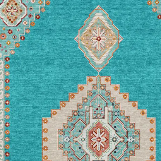 Teal Blue Brown And Ivory Oriental Washable Indoor Outdoor Area Rug Photo 5