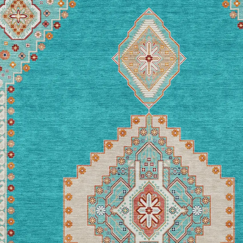 Teal Blue Brown And Ivory Oriental Washable Indoor Outdoor Area Rug Photo 5