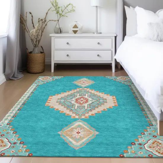 Teal Blue Brown And Ivory Oriental Washable Indoor Outdoor Area Rug Photo 9