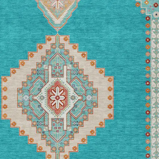 Teal Blue Brown And Ivory Oriental Washable Indoor Outdoor Area Rug Photo 5