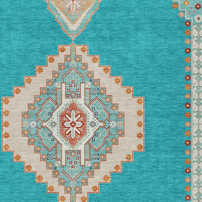 Teal Blue Brown And Ivory Oriental Washable Indoor Outdoor Area Rug Photo 5