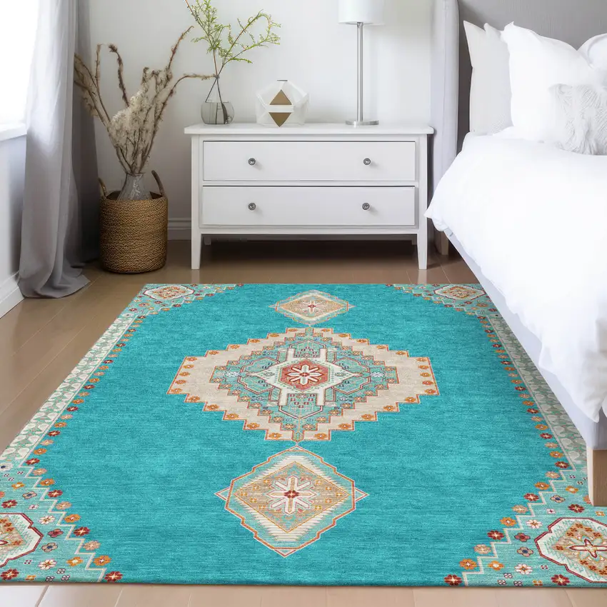 Teal Blue Brown And Ivory Oriental Washable Indoor Outdoor Area Rug Photo 9
