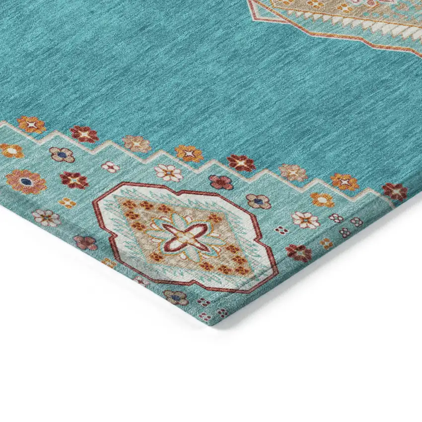 Teal Blue Brown And Ivory Oriental Washable Indoor Outdoor Area Rug Photo 4