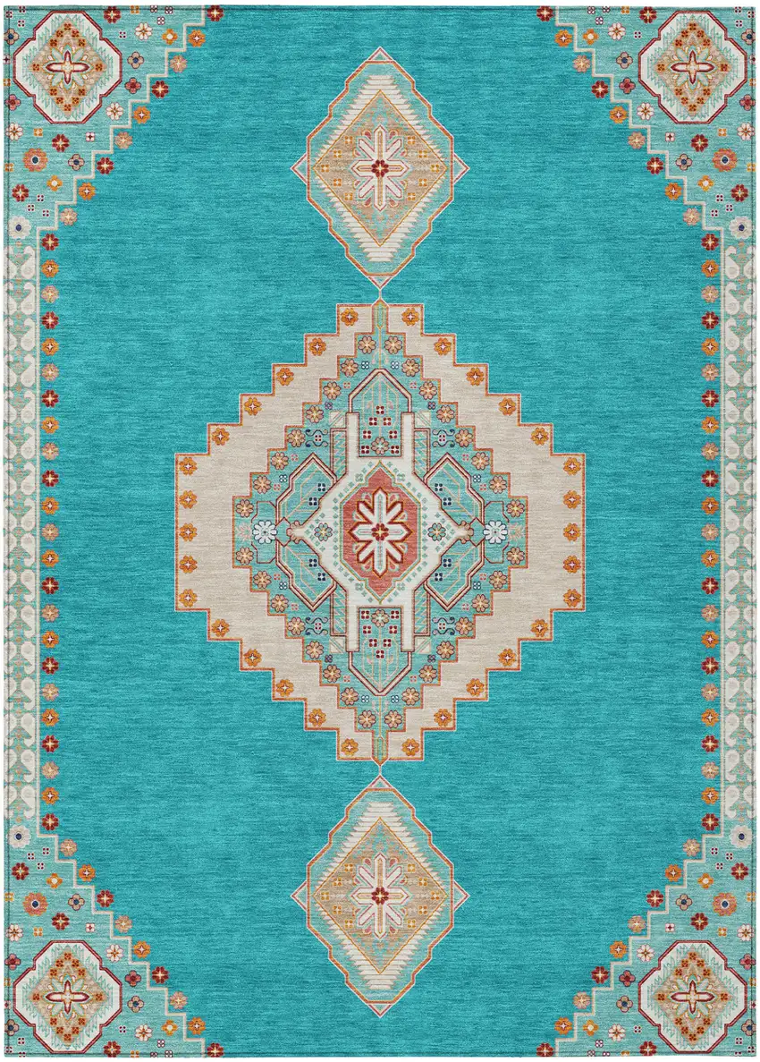 Teal Blue Brown And Ivory Oriental Washable Indoor Outdoor Area Rug Photo 2