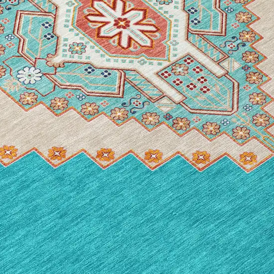 Teal Blue Brown And Ivory Oriental Washable Indoor Outdoor Area Rug Photo 6