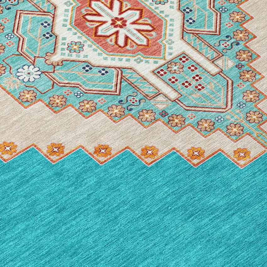 Teal Blue Brown And Ivory Oriental Washable Indoor Outdoor Area Rug Photo 6