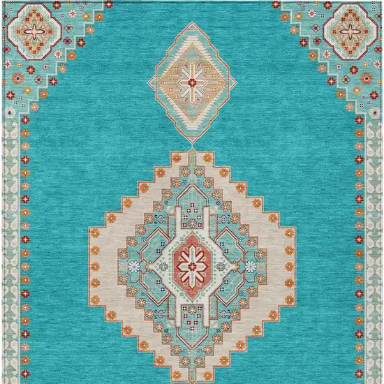 Teal Blue Brown And Ivory Oriental Washable Indoor Outdoor Area Rug Photo 7