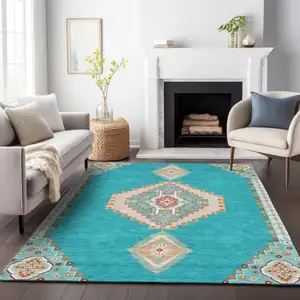 Photo of Teal Blue Brown And Ivory Oriental Washable Indoor Outdoor Area Rug
