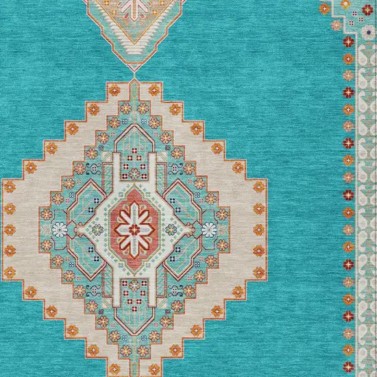 Teal Blue Brown And Ivory Oriental Washable Indoor Outdoor Area Rug Photo 5