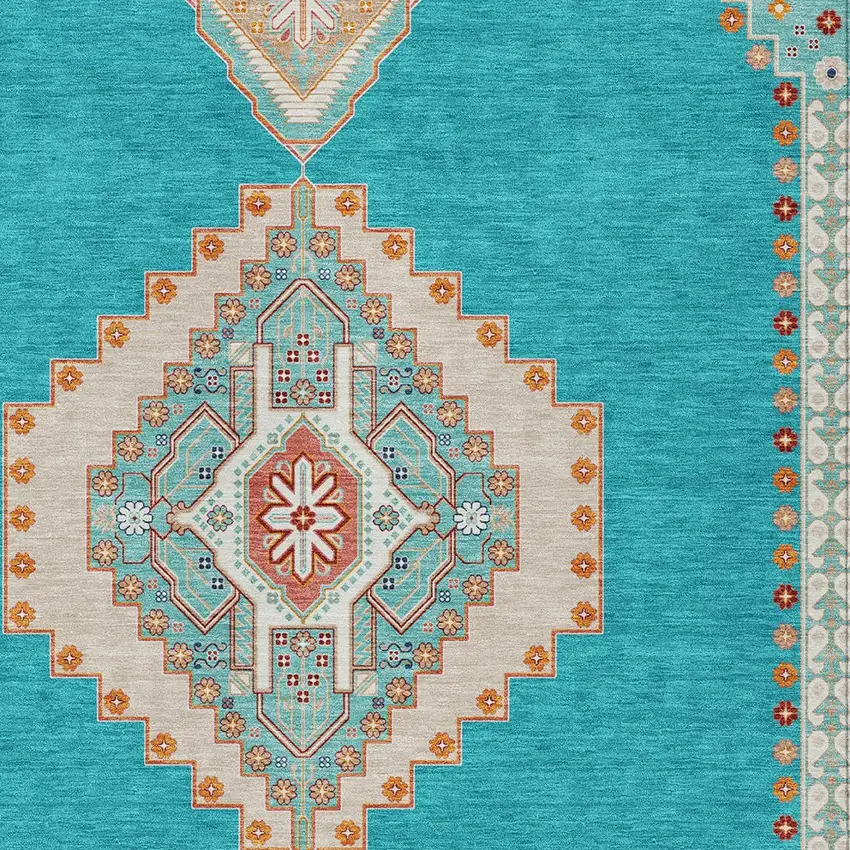Teal Blue Brown And Ivory Oriental Washable Indoor Outdoor Area Rug Photo 5