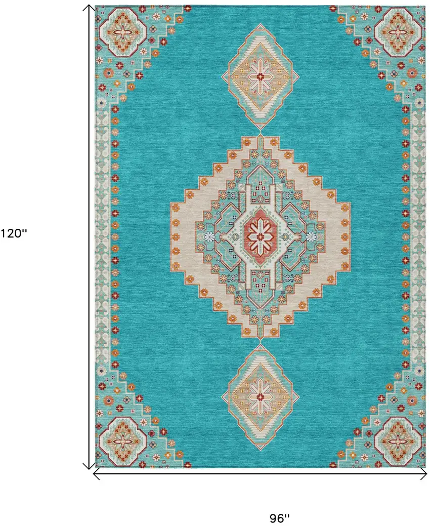 Teal Blue Brown And Ivory Oriental Washable Indoor Outdoor Area Rug Photo 3