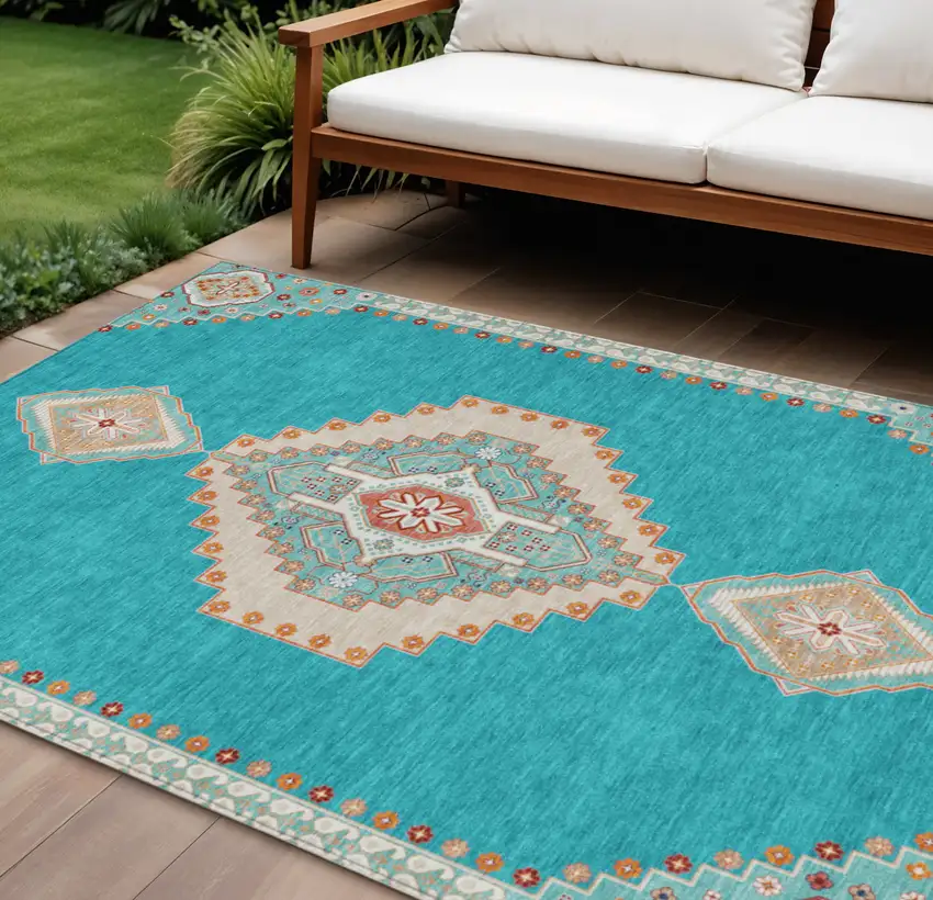 Teal Blue Brown And Ivory Oriental Washable Indoor Outdoor Area Rug Photo 1