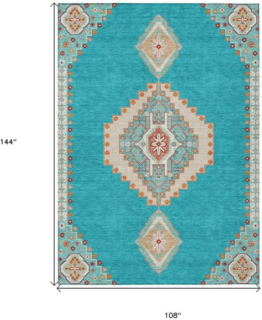 Teal Blue Brown And Ivory Oriental Washable Indoor Outdoor Area Rug Photo 3
