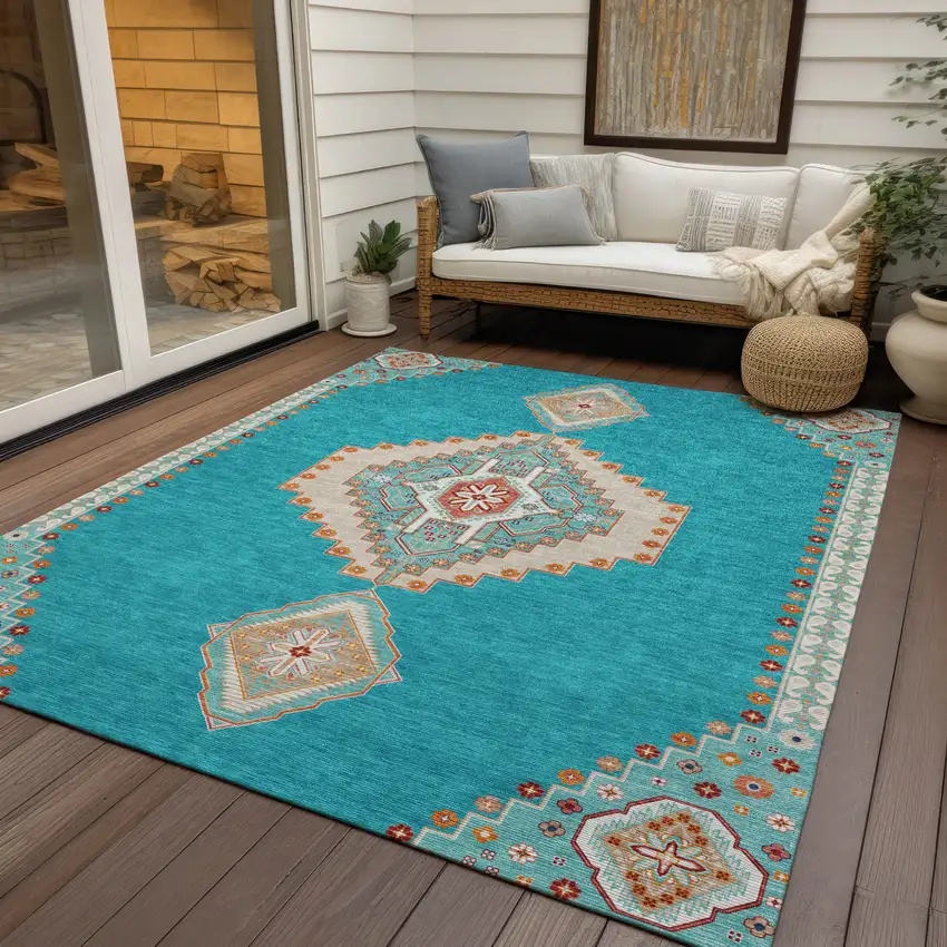 Teal Blue Brown And Ivory Oriental Washable Indoor Outdoor Area Rug Photo 8