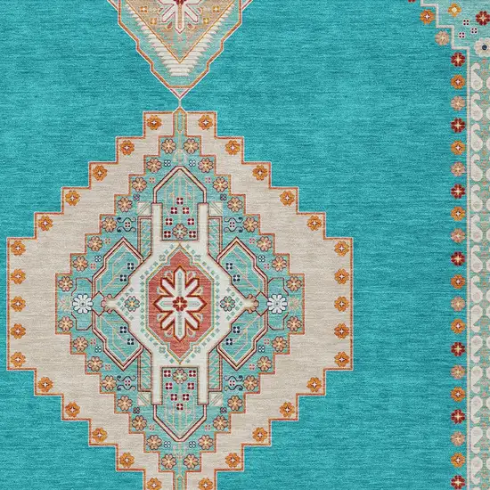 Teal Blue Brown And Ivory Oriental Washable Indoor Outdoor Area Rug Photo 5