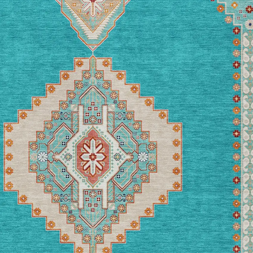 Teal Blue Brown And Ivory Oriental Washable Indoor Outdoor Area Rug Photo 5