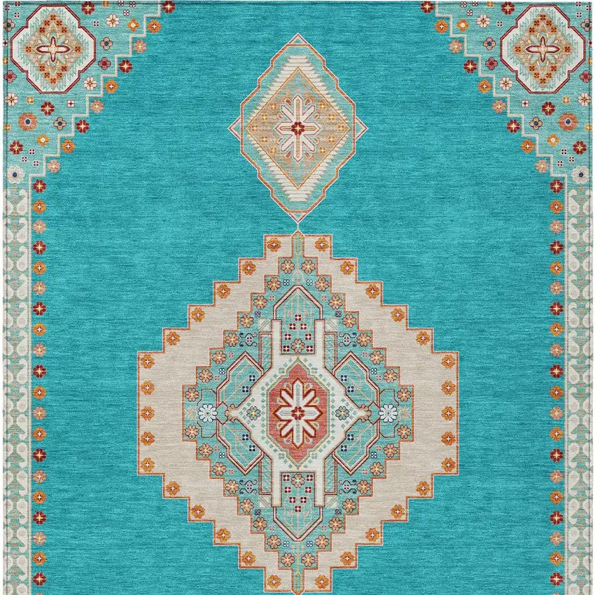Teal Blue Brown And Ivory Oriental Washable Indoor Outdoor Area Rug Photo 7