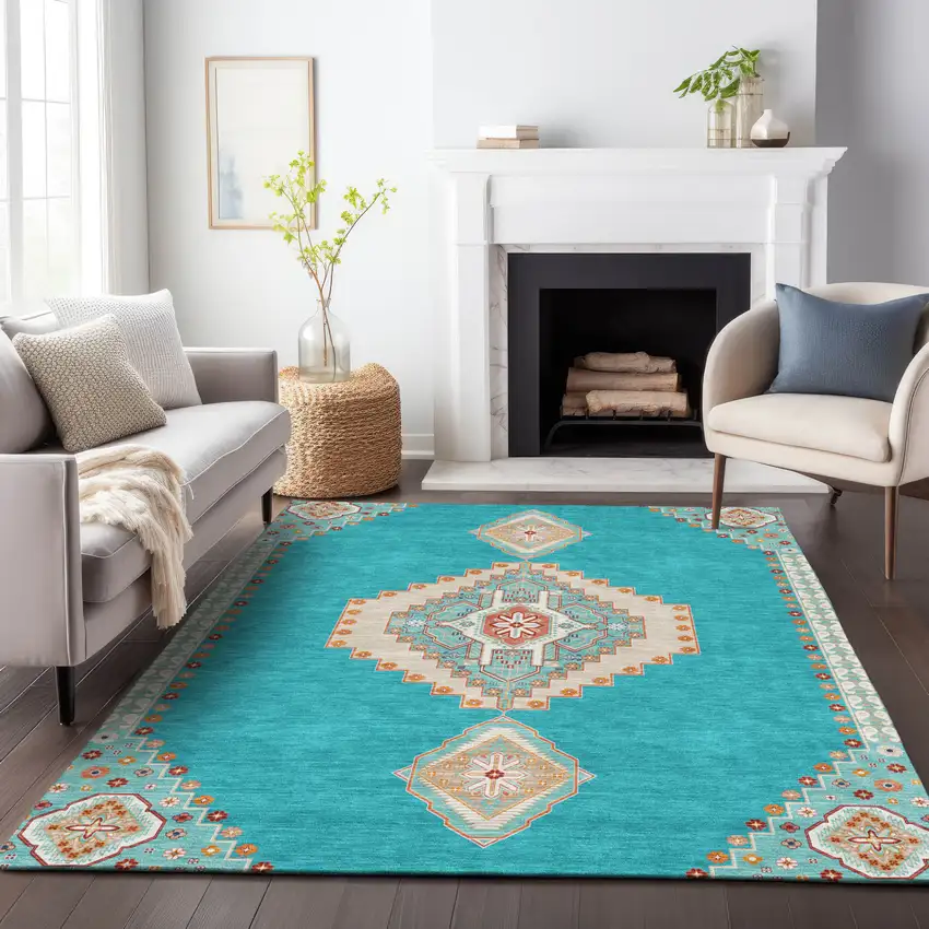 Teal Blue Brown And Ivory Oriental Washable Indoor Outdoor Area Rug Photo 9
