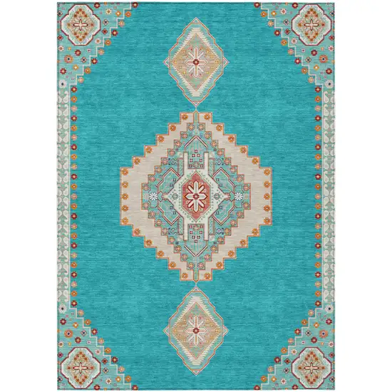 Teal Blue Brown And Ivory Oriental Washable Indoor Outdoor Area Rug Photo 2