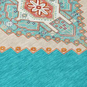 Photo of Teal Blue Brown And Ivory Oriental Washable Indoor Outdoor Area Rug