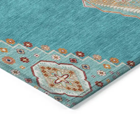 Teal Blue Brown And Ivory Oriental Washable Indoor Outdoor Area Rug Photo 4