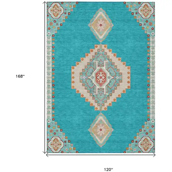 Teal Blue Brown And Ivory Oriental Washable Indoor Outdoor Area Rug Photo 3
