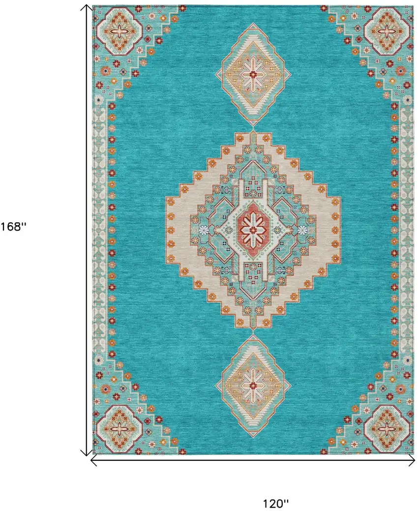 Teal Blue Brown And Ivory Oriental Washable Indoor Outdoor Area Rug Photo 3